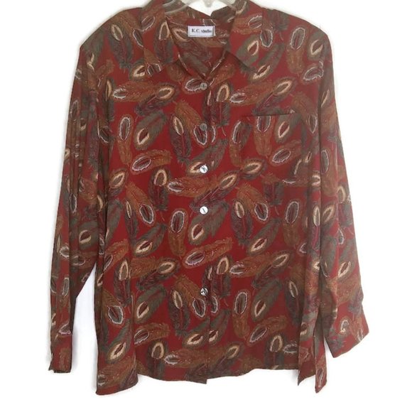 Vintage 80's K.C. Studio Maroon Feather Print Blouse - Picture 1 of 3